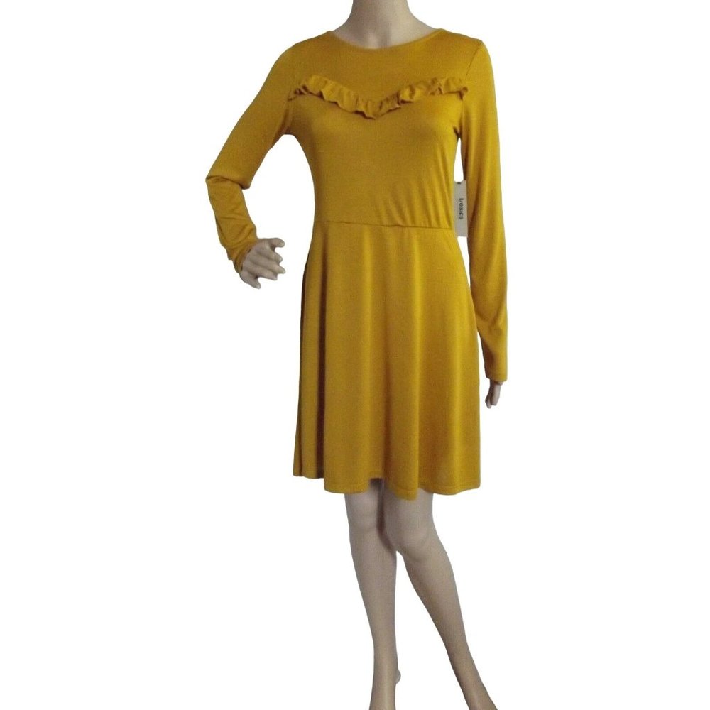 TRESICS Small Gold Ruffle Yoke Long Sleeve Modal Dress knee a-line womens sheath